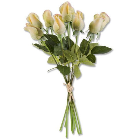 17.5 INCH LIGHT GREEN/YELLOW REAL TOUCH ROSE BUD W/FOLIAGE BUNDLE (9 STEMS)