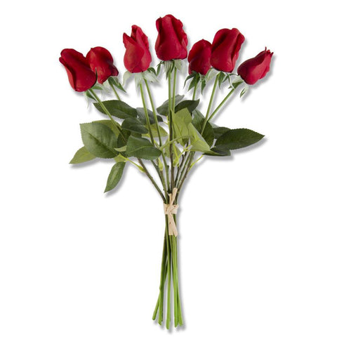 17.5 INCH RED REAL TOUCH ROSE BUD W/FOLIAGE BUNDLE (9 STEMS)