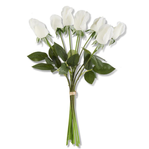 17.5 INCH WHITE REAL TOUCH ROSE BUD W/FOLIAGE (BUNDLE OF 9)