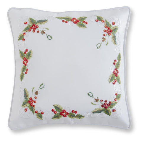 16 INCH WHITE EMBROIDERED HOLLY W/BERRIES PILLOW