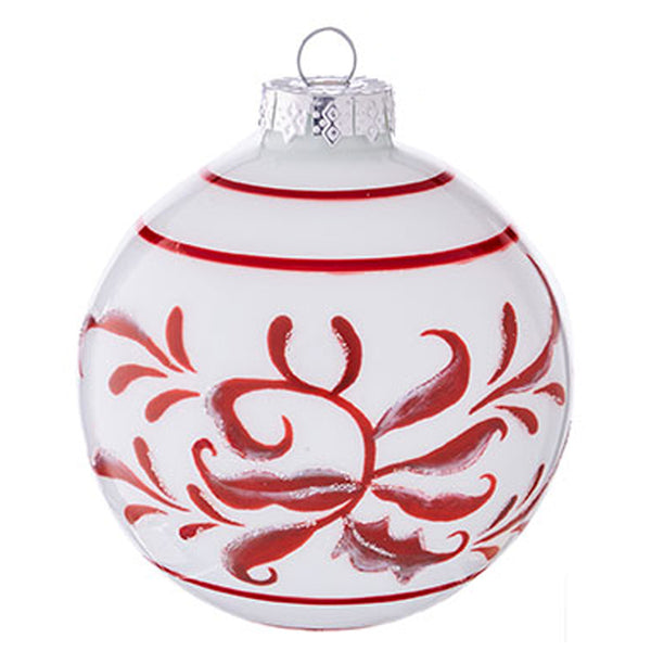 RAZ IMPORTS 4" RED AND WHITE SCROLL GLASS BALL ORNAMENT