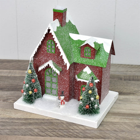9.5” SNOW PINE VILLAGE STYLE LIGHT UP HOUSE - RED