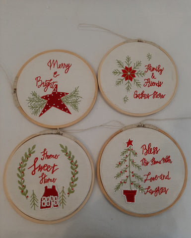 8" FABRIC EMBROIDERED "SAYING" ORNAMENT, FOUR ASSORTED