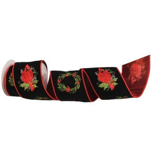 4"X5YDS CARDINAL/WREATH EMBROIDERY VELVET RIBBON