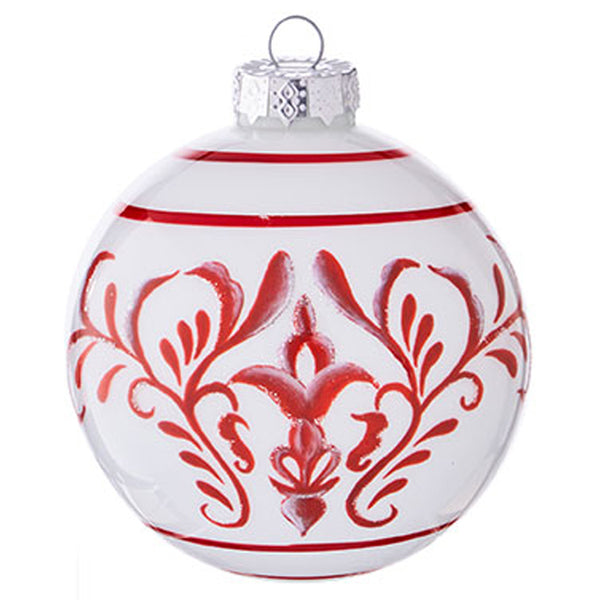 RAZ IMPORTS 4" RED AND WHITE SCROLL GLASS BALL ORNAMENT