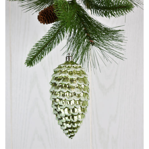 4.5” GREEN MERCURY CONE WITH SNOW ORNAMENT