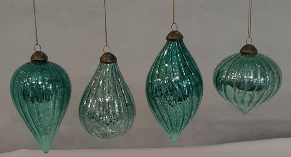 6” GREEN GLASS CHRISTMAS ORNAMENT, FOUR ASSORTED