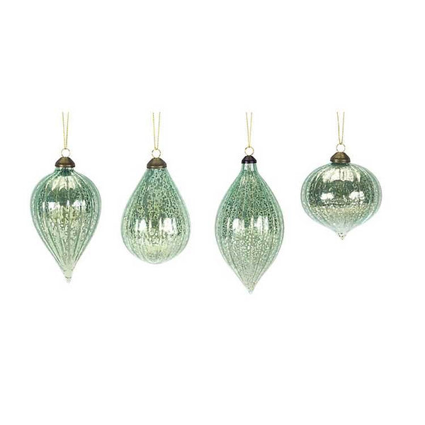 6” GREEN GLASS CHRISTMAS ORNAMENT, FOUR ASSORTED